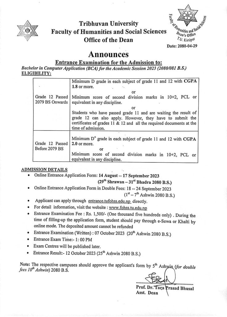 BCA Entrance Exam 2080 Notice by Tribhuvan University